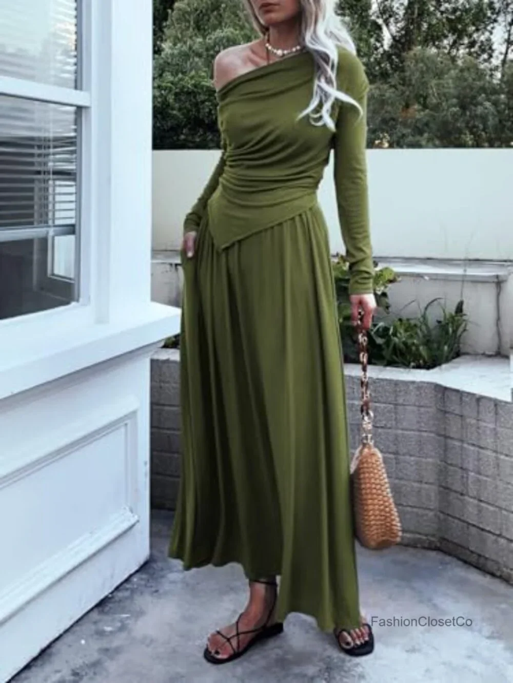 2 Piece Skirt Set Ruched Long Sleeve Off Shoulder Top Maxi Skirt Matching Sets